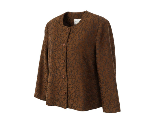 Prewornwholesale brown paisley blazer with a round neckline, long sleeves, and a five-button single-breasted front.