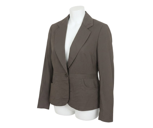 Prewornwholesale Next brown pinstripe tailored blazer with notch lapels and single-button front on a mannequin