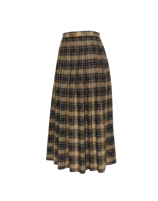 Prewornwholesale vintage St Michael brown and black plaid A-line long skirt with a high-rise waist and pleated design.