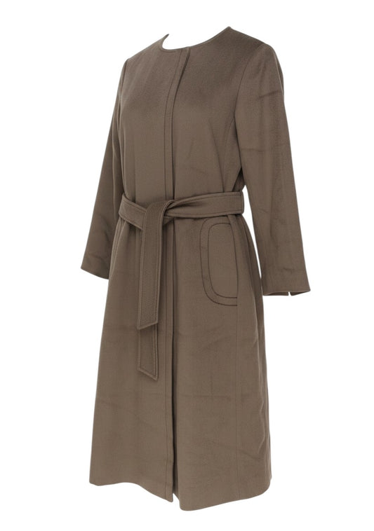 Prewornwholesale vintage Sterling Stall brown pure virgin wool longline belted overcoat with large patch pockets