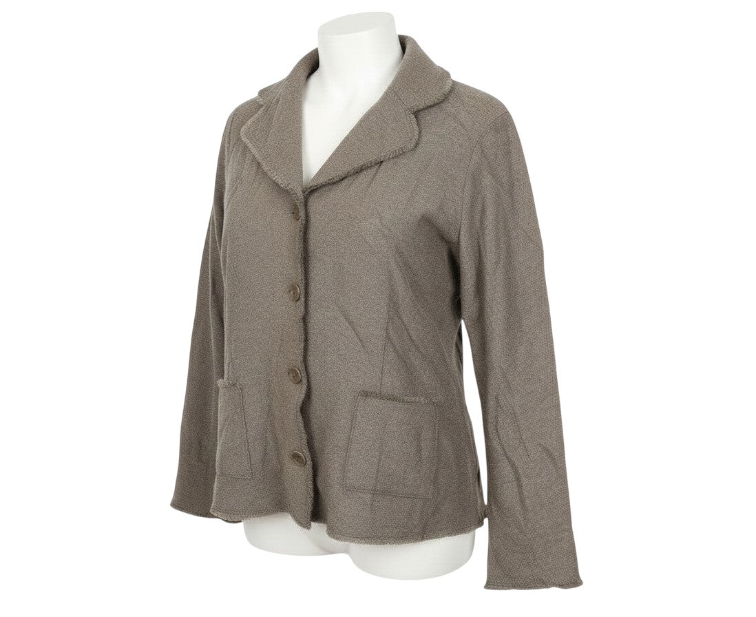 Prewornwholesale EAST brown wool button-up jacket with a collared neckline and two front patch pockets on a mannequin.