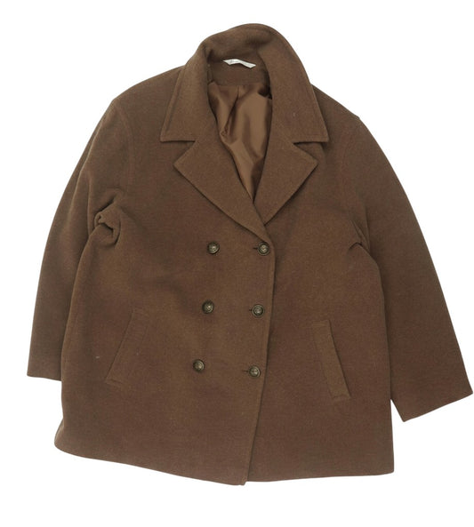 Prewornwholesale brown wool blend double-breasted pea coat with crest buttons and a smooth polyester lining.