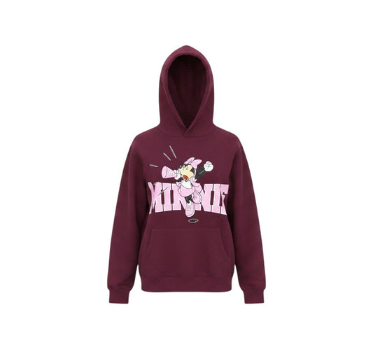 Prewornwholesale burgundy cotton blend fleece hoodie featuring a Minnie Mouse graphic print and drawstring hood