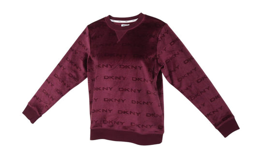 Prewornwholesale burgundy velour pullover sweatshirt with all-over DKNY logo print, crew neck, and ribbed cuffs.