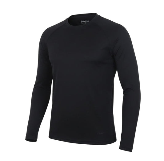 Prewornwholesale Campri women's black long sleeve athletic top with a crew neck, made from moisture-wicking fabric.