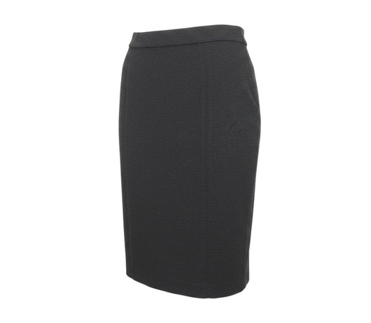 Prewornwholesale charcoal grey knee-length pencil skirt in a smooth stretch fabric for a tailored office look.