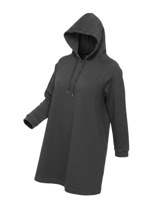 Prewornwholesale charcoal grey pullover hoodie with long sleeves, hood, and drawstring in a relaxed plus-size fit.