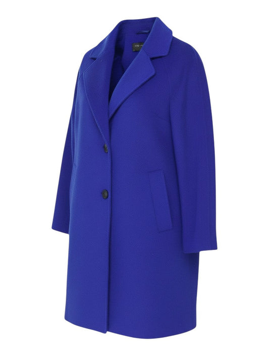 Prewornwholesale Marks and Spencer cobalt blue mid-length overcoat with notched collar and single-breasted buttons.