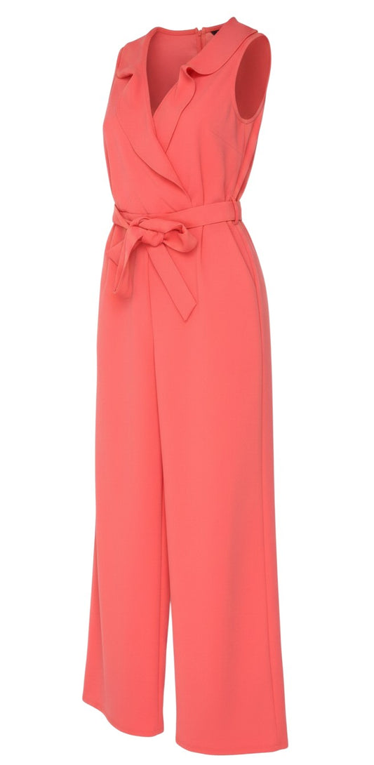 Prewornwholesale coral sleeveless wide-leg jumpsuit with a ruffled V-neckline and a matching self-tie waist belt.