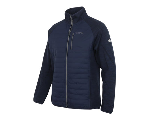 Prewornwholesale Craghoppers women's navy blue hybrid jacket with quilted front panel, fleece sleeves, and full zip.