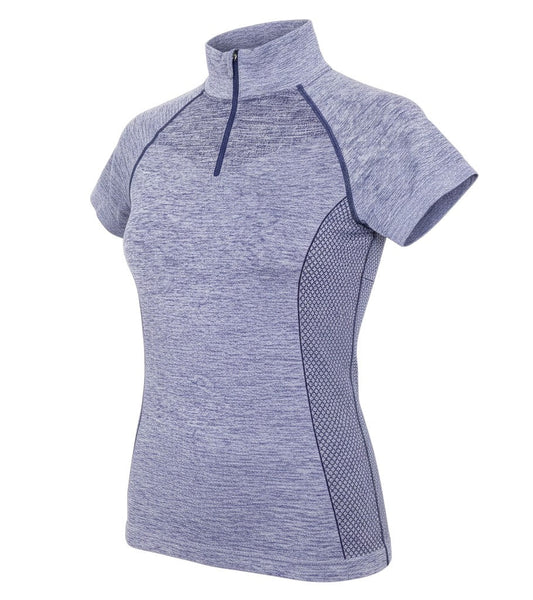 Prewornwholesale Crane women's heathered blue short sleeve athletic top with a quarter zip and mesh side panels.
