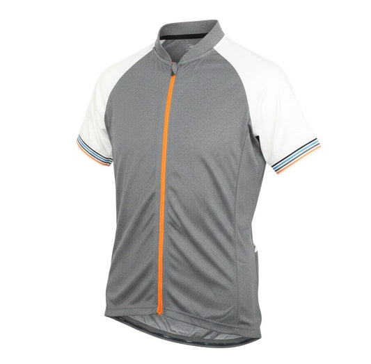Prewornwholesale Crane women's grey and white colourblock cycling jersey with a bright orange full-length front zip