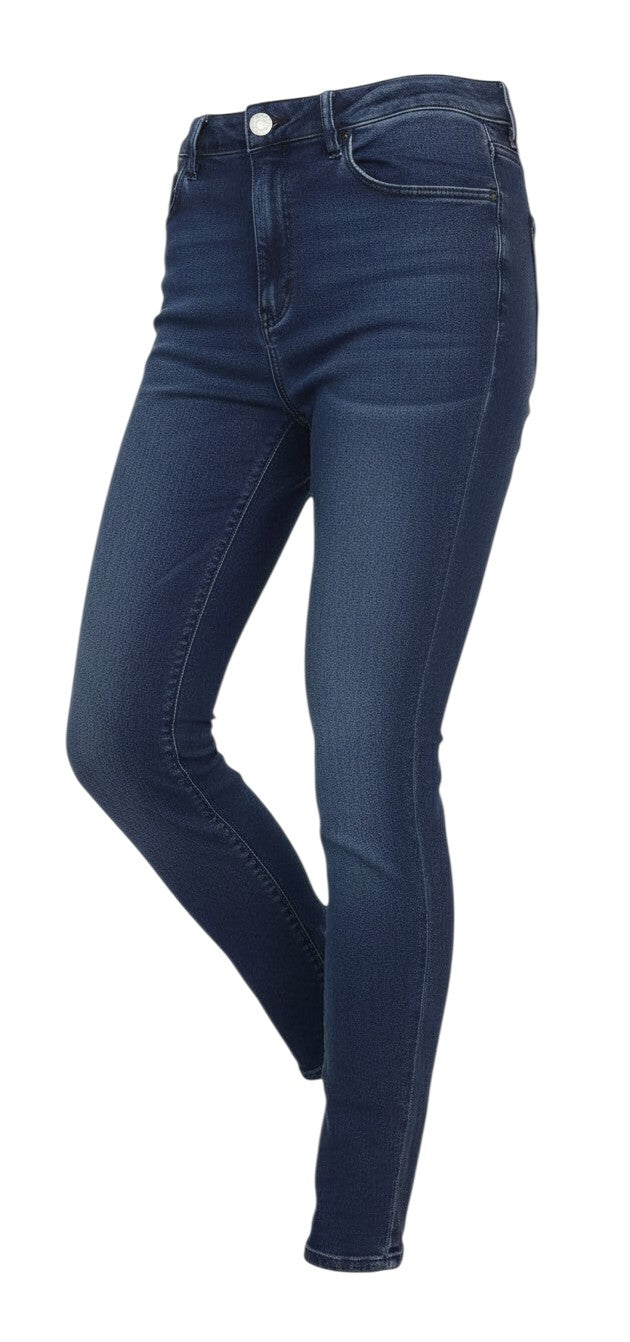 Prewornwholesale dark blue skinny denim jeans with a classic 5-pocket design and button closure.