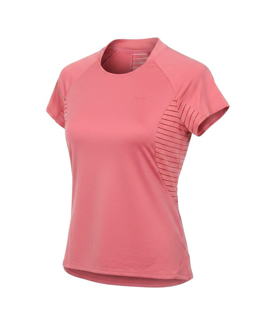 Prewornwholesale DECATHLON women's pink polyester pullover t-shirt with a round neck and side panel detailing.