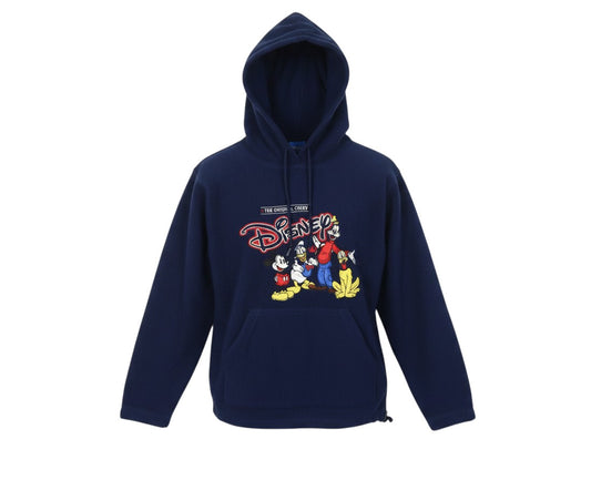 Prewornwholesale navy blue Disney fleece pullover hoodie featuring Mickey, Donald, Goofy, and Pluto graphic print.
