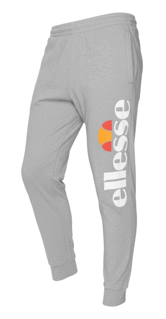 Prewornwholesale grey Ellesse fleece joggers with a large logo print on the leg, elasticated waist and ribbed cuffs.