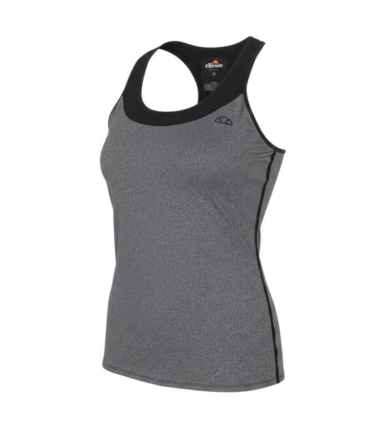 Prewornwholesale ellesse grey polyester racerback tank top with black trim and logo detail