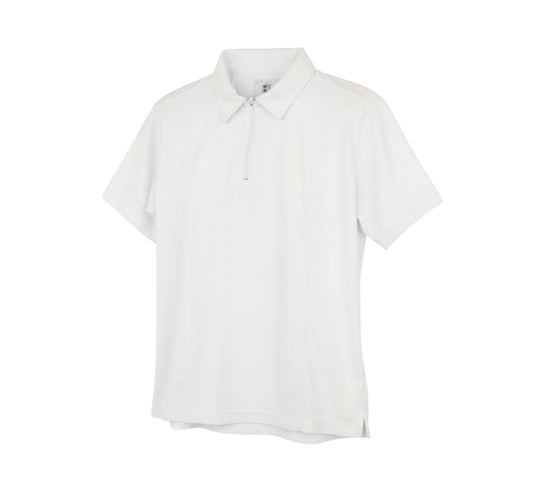 Prewornwholesale Emsmorn white women's polo top with a collared neckline and quarter zip closure in polyester fabric.
