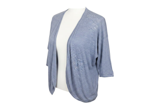 Prewornwholesale Fat Face blue linen open-front cardigan with three-quarter sleeves on a mannequin