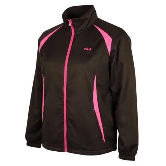 Prewornwholesale FILA women's black track jacket with pink accents, full zip, and embroidered logo on the chest.
