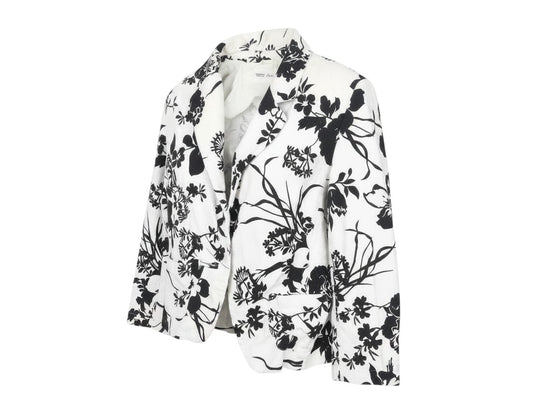 Prewornwholesale Marks and Spencer women's white and black floral print linen blend blazer with notch lapels.