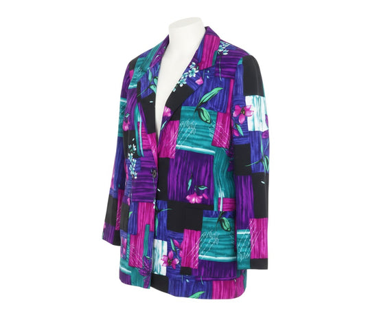 Prewornwholesale BFA Classics multicoloured floral patchwork blazer with notch lapels and two-button front closure.