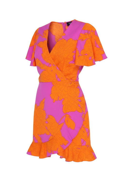 Prewornwholesale AX Paris floral wrap dress in bright pink and orange with short flared sleeves and a ruffled hem.