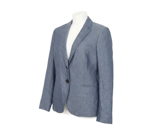 Prewornwholesale GANT women's blue linen herringbone tailored blazer with notch lapels and two-button front closure.