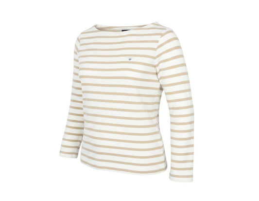 Prewornwholesale GANT women's beige and white striped cotton pullover sweatshirt with a boat neckline.