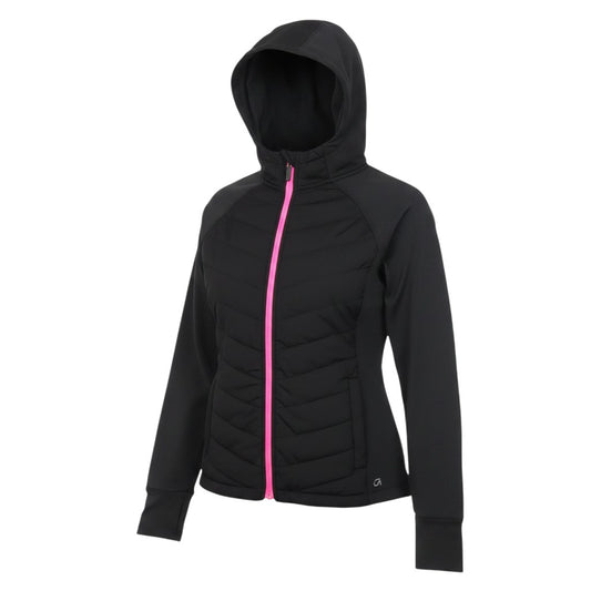 Prewornwholesale GapFit black quilted track jacket with hood and bright pink full zip closure for women
