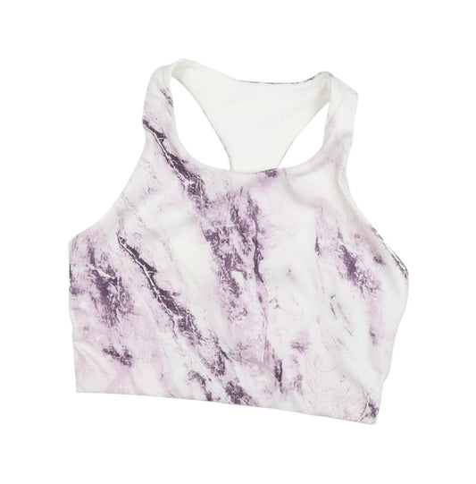 Prewornwholesale GapFit racerback sports bra in a white and purple marble print with moisture-wicking jersey fabric.