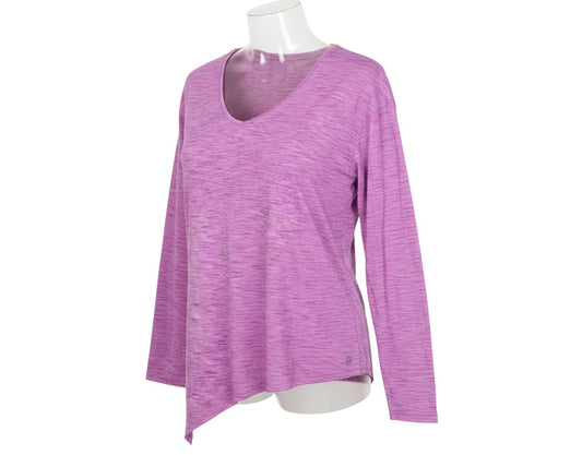 Prewornwholesale GapFit purple marl long sleeve V-neck activewear top with an asymmetric hem on a mannequin