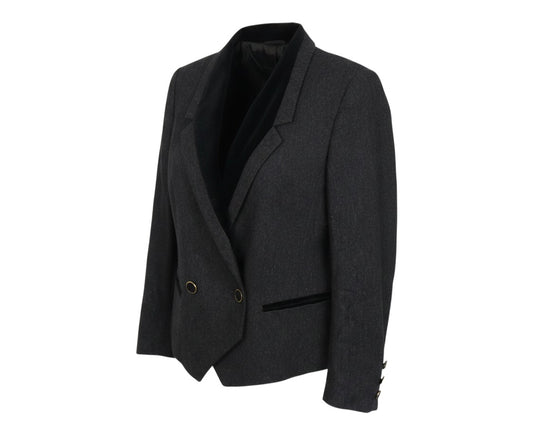 Prewornwholesale Gerry Weber black wool tuxedo blazer with velvet shawl lapel and double-breasted gold-rimmed buttons.