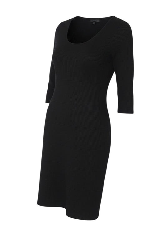 Prewornwholesale Gestuz black knee-length sheath knit dress with a round neckline and three-quarter sleeves.
