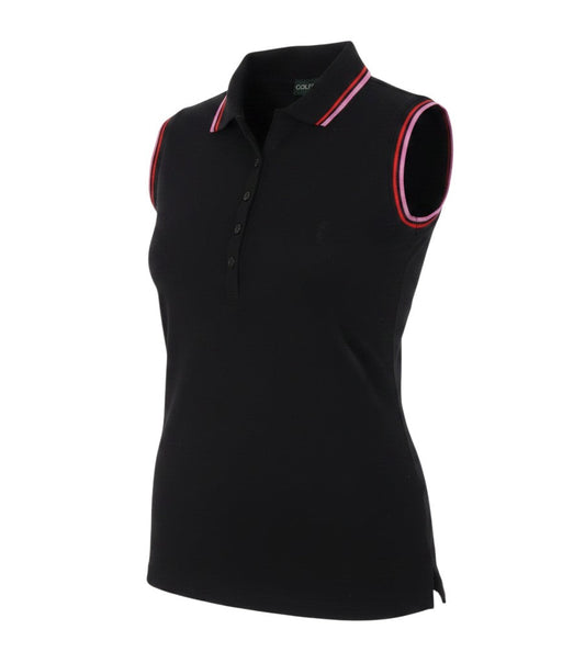 Prewornwholesale GOLFINO black sleeveless modal polo shirt with pink and white striped collar and arm trim