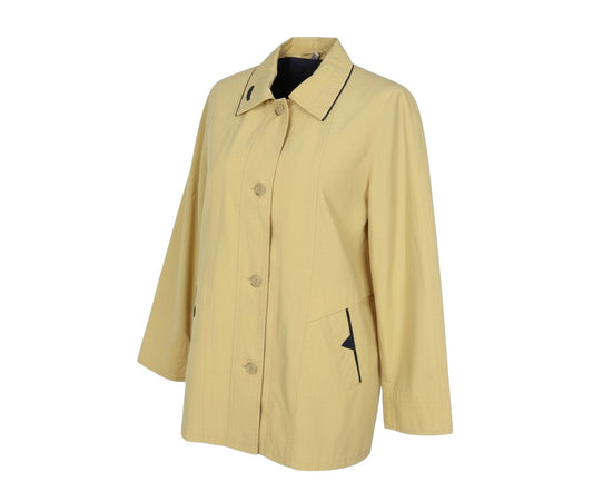 Prewornwholesale Golfino yellow cotton rain coat with a collared neckline, button front, and dark piping details.