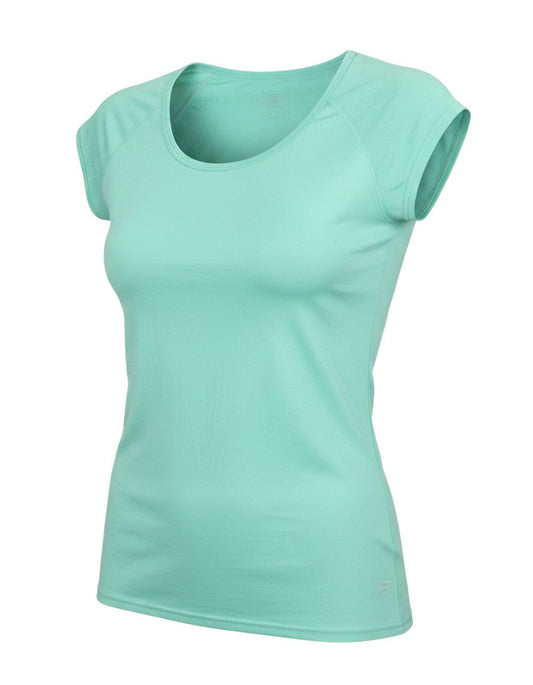 Prewornwholesale women's green activewear T-shirt with a scoop neckline and breathable mesh fabric for gym training.