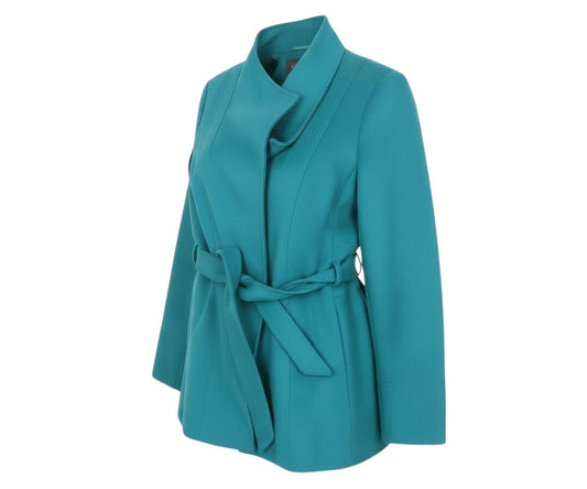 Prewornwholesale Marks and Spencer Per Una green belted trench coat with a collared neckline and tie waist.