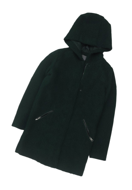 Prewornwholesale Primark dark green mid-length hooded bouclé coat with front zip pockets and zip closure