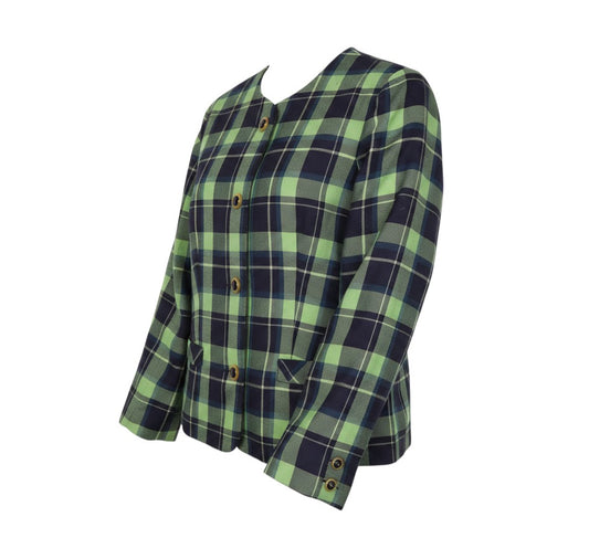 Prewornwholesale Edinburgh Castle women's green and navy check wool suit jacket with a collarless design.