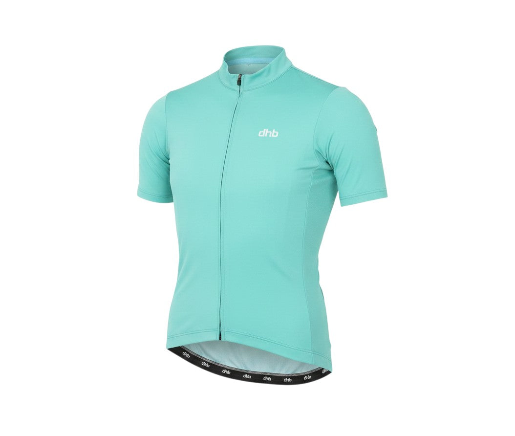 Prewornwholesale women's green dhb cycling jersey with short sleeves, round neck, and front zipper closure.