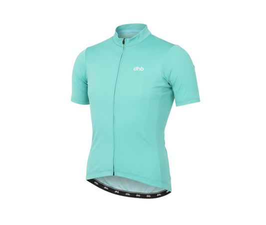 Prewornwholesale women's green dhb cycling jersey with short sleeves, round neck, and front zipper closure.