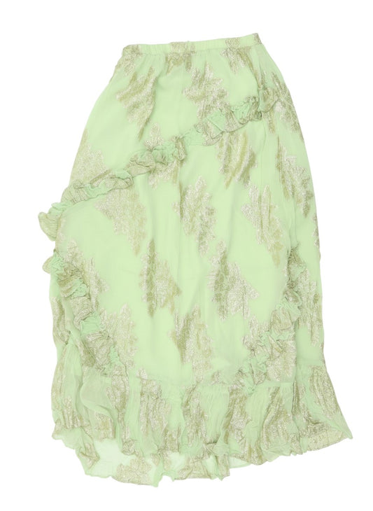 Prewornwholesale ASOS Design pastel green knee-length skirt with metallic gold floral print and asymmetric ruffles.