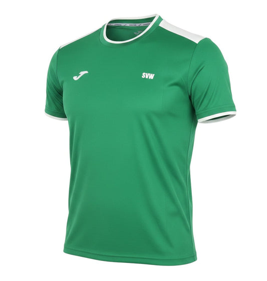 Prewornwholesale green Joma unisex football t-shirt with white trim, crew neck, and athletic polyester fit.