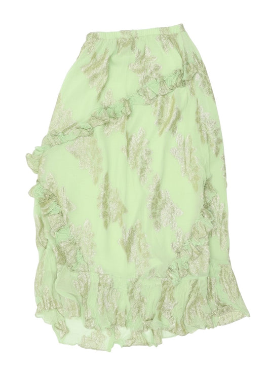 Prewornwholesale ASOS Design pastel green knee-length wrap skirt with metallic gold floral print and ruffle trim