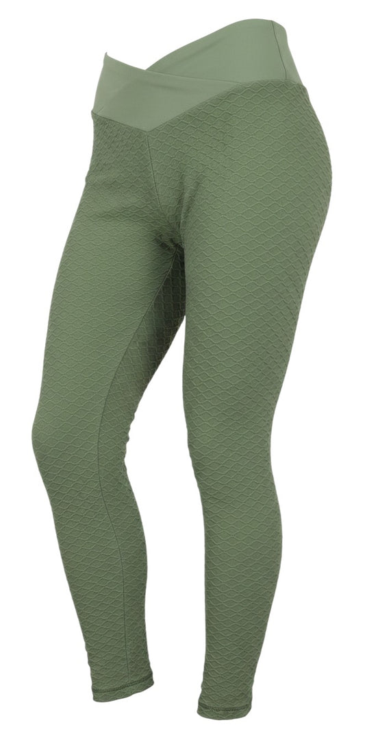Prewornwholesale women's green nylon carrot leggings with a textured honeycomb pattern and a high crossover waistband.