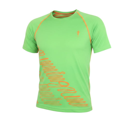 Prewornwholesale unisex green short sleeve raglan t-shirt with orange contrast stitching and graphic detail