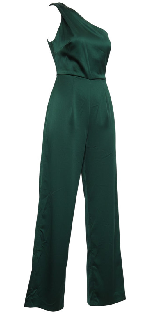 Prewornwholesale deep green satin-look one-shoulder wide-leg jumpsuit with a sleek fitted bodice for formal occasions.