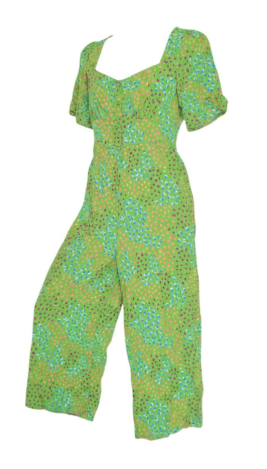 Prewornwholesale Nobody's Child green wide-leg jumpsuit with multicoloured spot print, V-neck, and short flared sleeves.