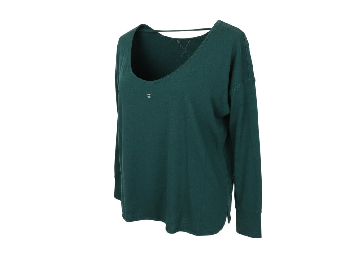 Prewornwholesale forest green Sweaty Betty long sleeve pullover sweatshirt with a wide crew neck and relaxed fit.